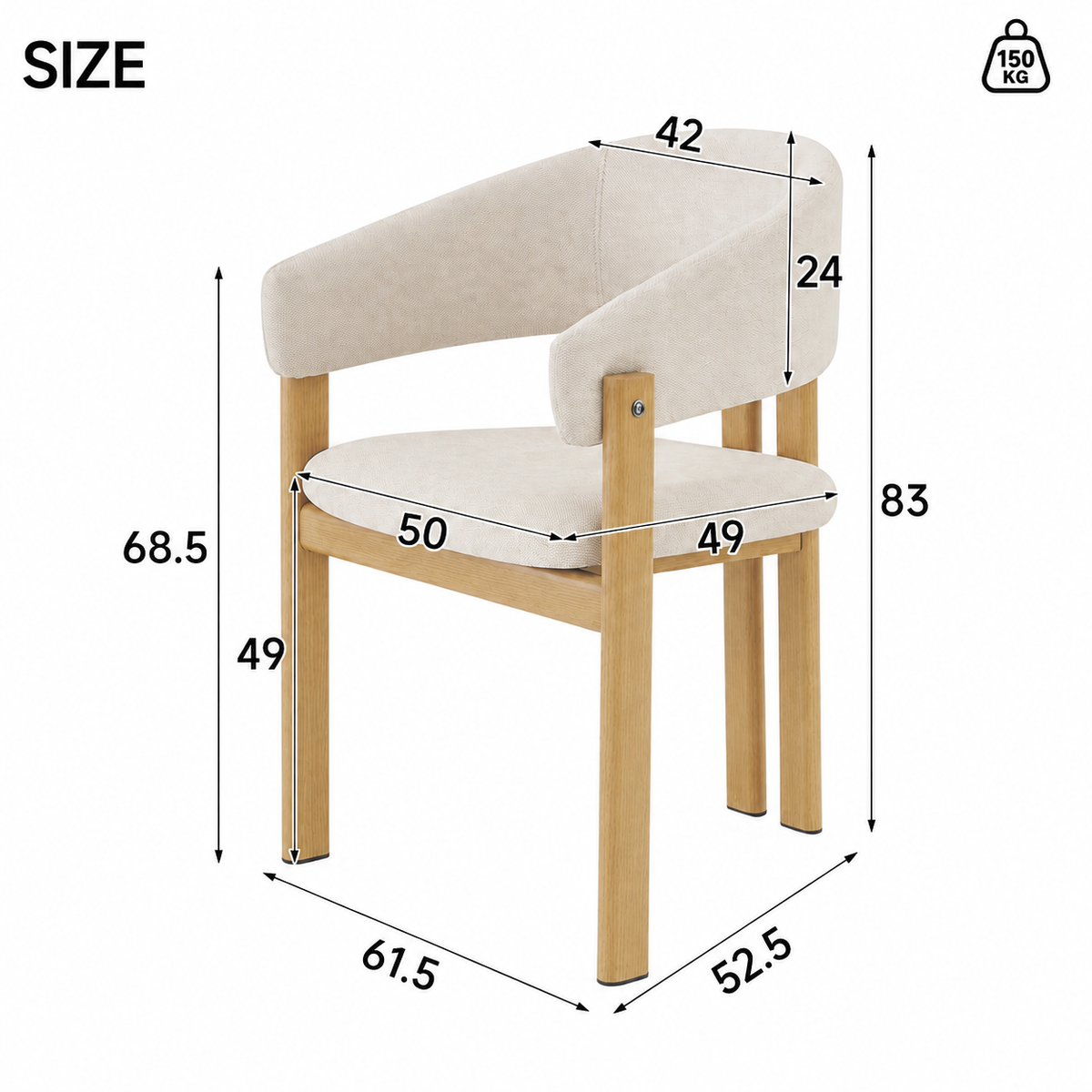 A dining chair with beige upholstered seat and curved backrest, light natural wood legs and frame, shown with dimension callouts and a 150 kg weight icon on a white background.