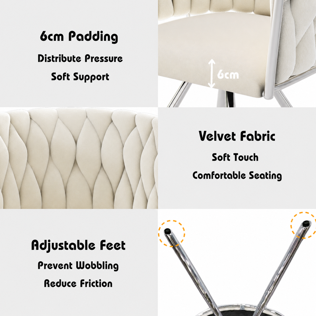 Four-panel product feature graphic for a chair, showing close-ups of a light beige upholstered seat with tufted quilting, text calling out 6cm padding, velvet fabric, and adjustable chrome feet, on a white background.