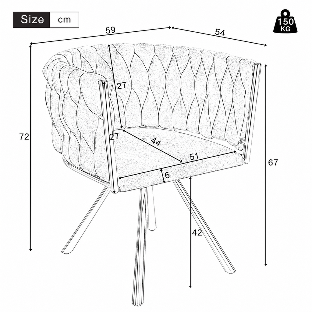 Black and white line drawing of an upholstered accent chair with dimension labels, including height, width, and depth measurements, plus a 150 kg weight icon in the top right.