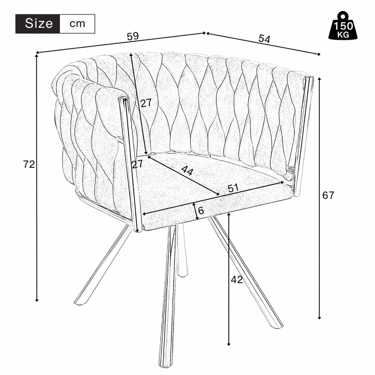 Black and white line drawing of an upholstered accent chair with dimension labels, including height, width, and depth measurements, plus a 150 kg weight icon in the top right.