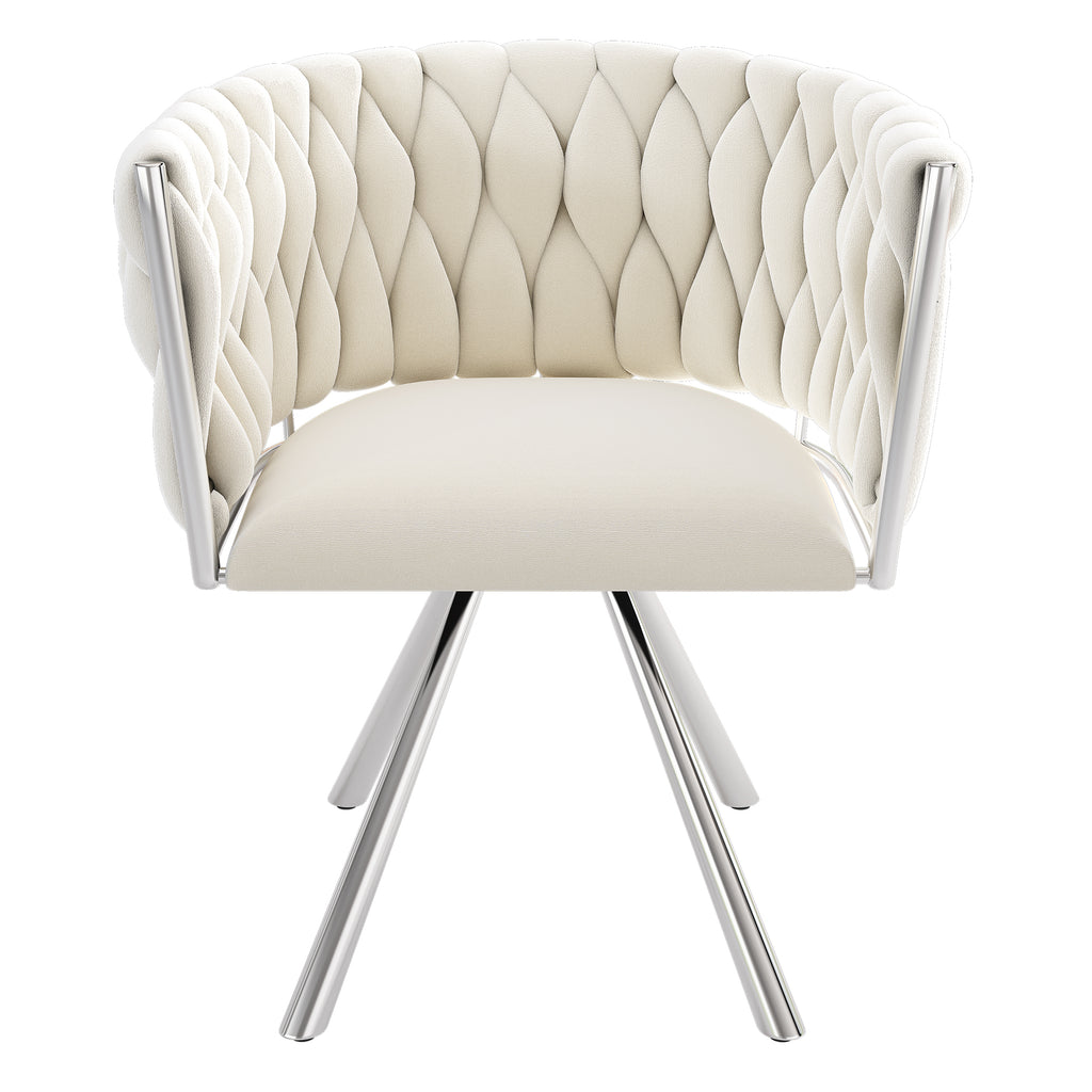 An elegant accent chair featuring a cream-colored tufted faux leather seat and curved backrest, supported by a polished chrome metal swivel base.