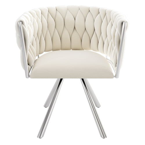 An elegant accent chair featuring a cream-colored tufted faux leather seat and curved backrest, supported by a polished chrome metal swivel base.
