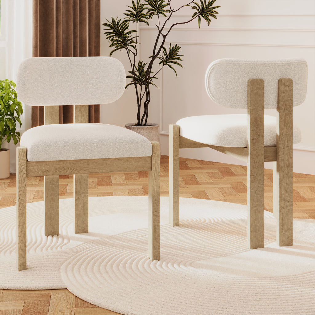 Two wooden chairs with white cushions in a room with plants and a rug.