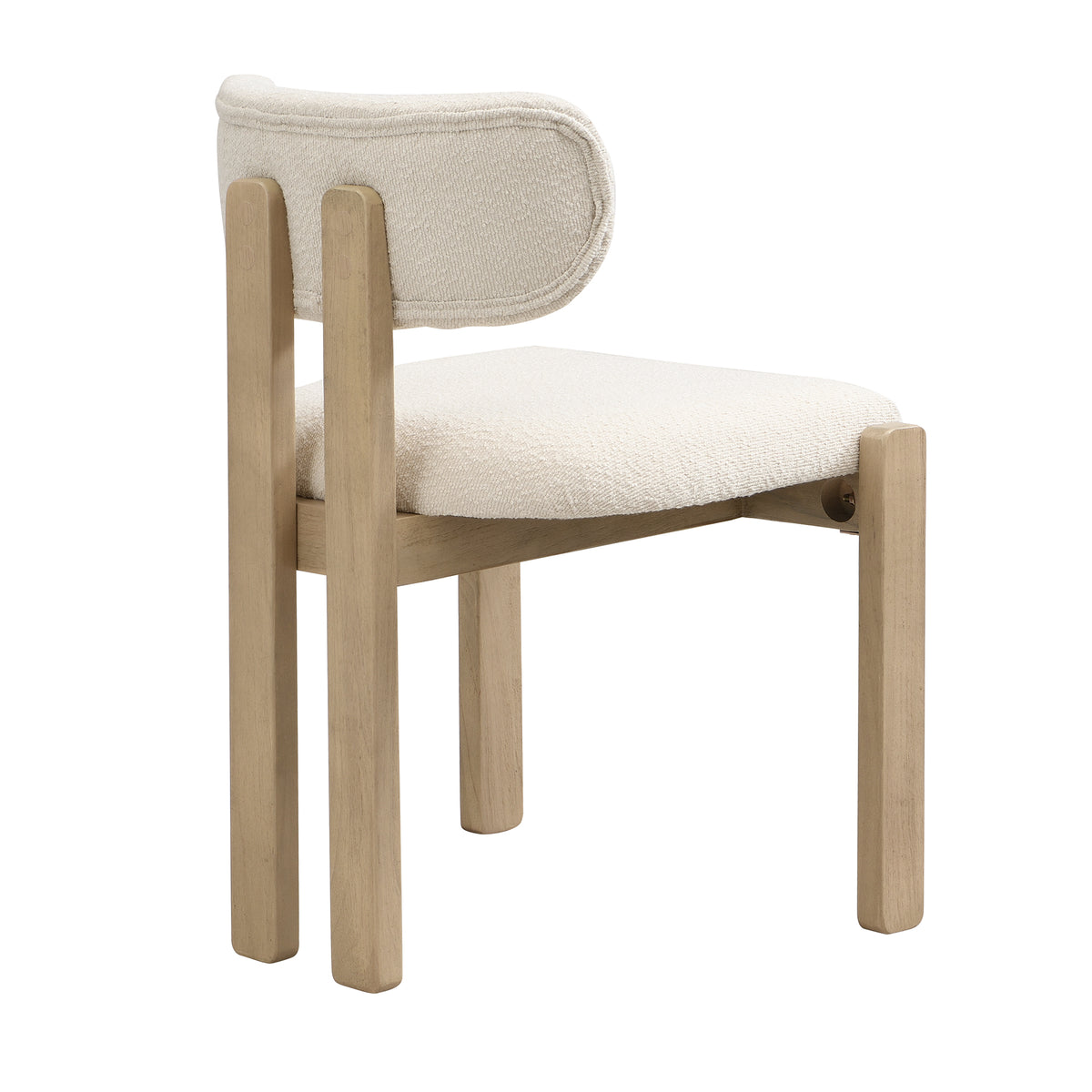 Chair with wooden frame and white cushioned seat on a white background