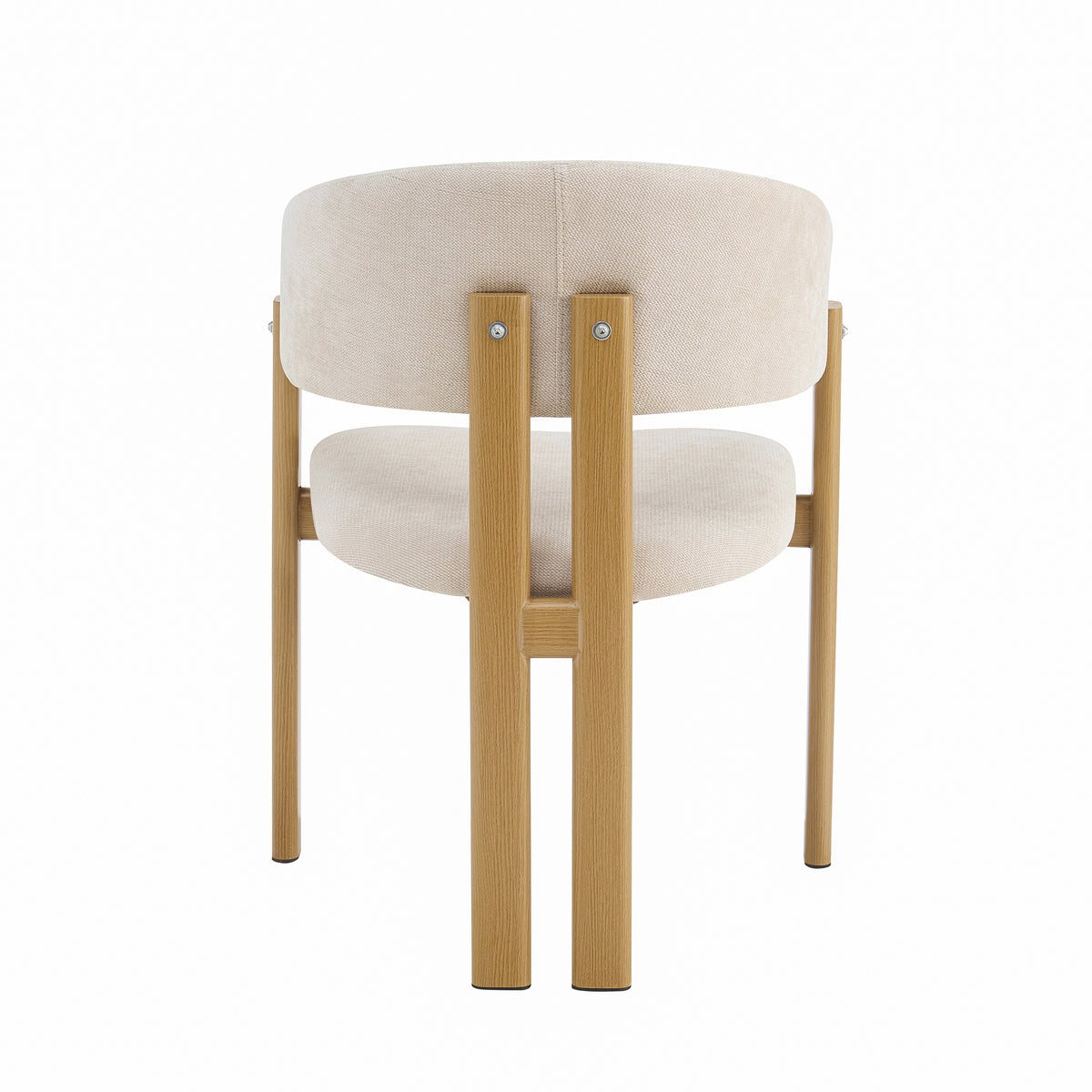 A modern dining chair with a light beige upholstered seat and backrest, supported by a light natural wood frame, shown from the rear on a white background.