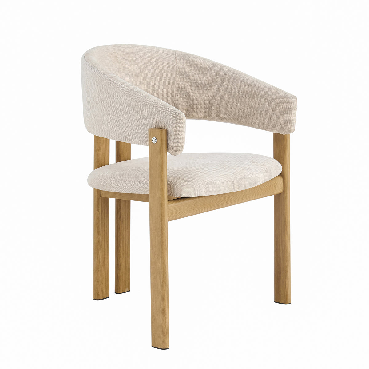 A modern accent chair with a curved upholstered backrest and seat cushion in a light beige fabric, supported by a light natural wood frame with straight legs, shown on a solid white background.