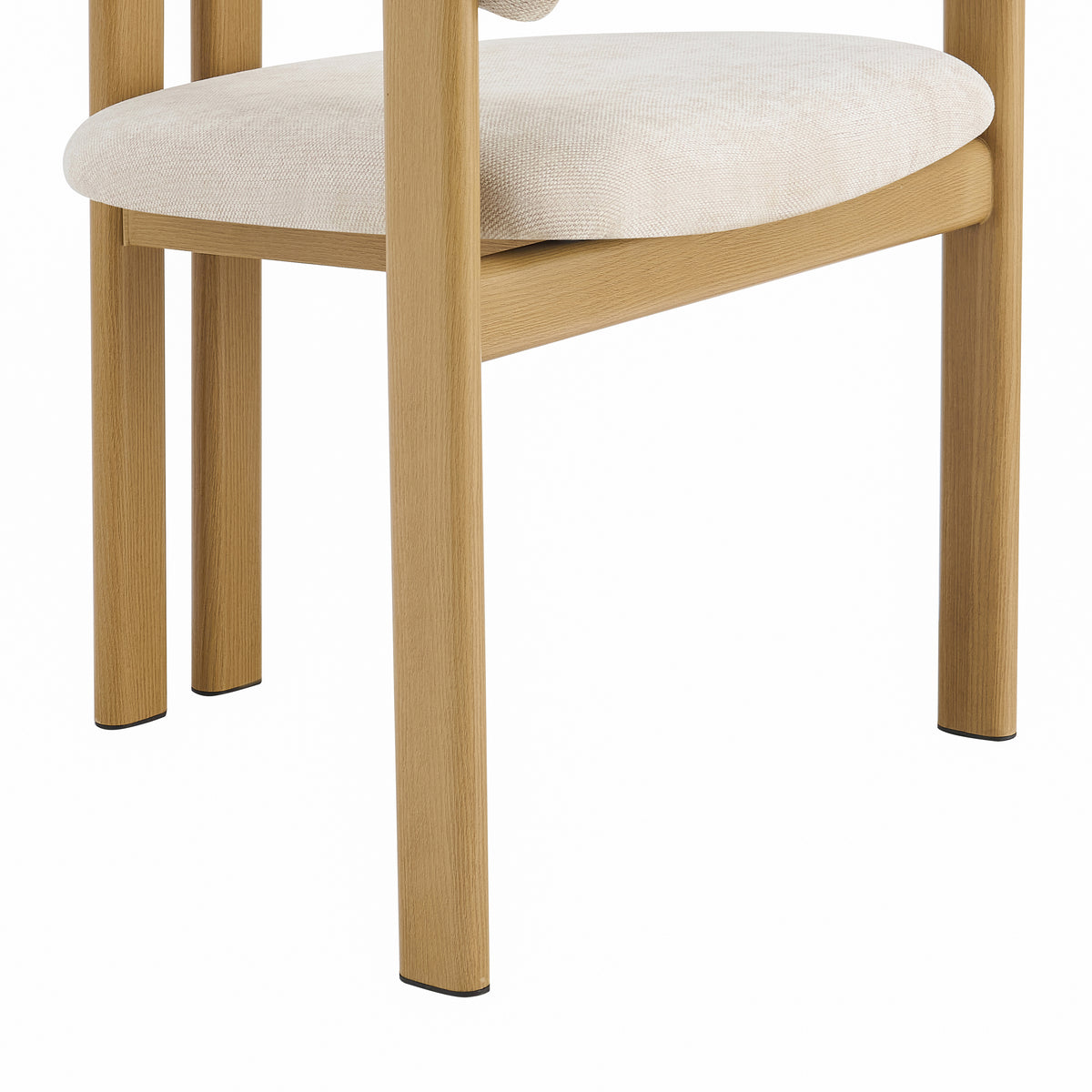 Close-up of a dining chair showing a light beige upholstered seat cushion and natural oak wood legs and frame on a white background.