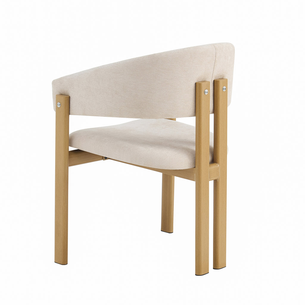 A modern dining chair with a light beige upholstered seat and curved backrest, supported by a natural wood frame, shown against a plain white background.