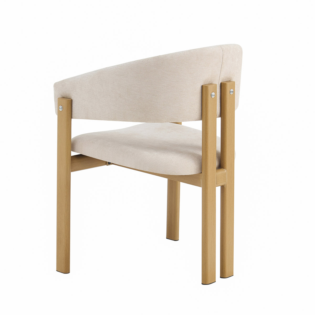 A modern dining chair with a light beige upholstered seat and curved backrest, supported by a natural wood frame, shown against a plain white background.