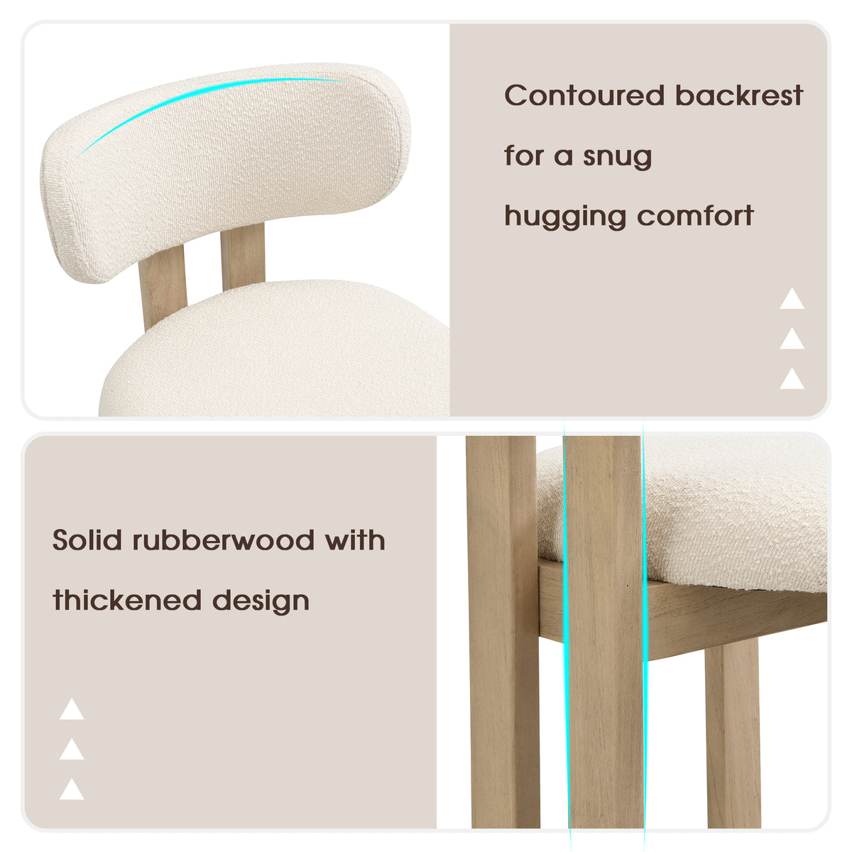 Chair with contoured backrest and solid rubberwood frame, featuring text on comfort and material.