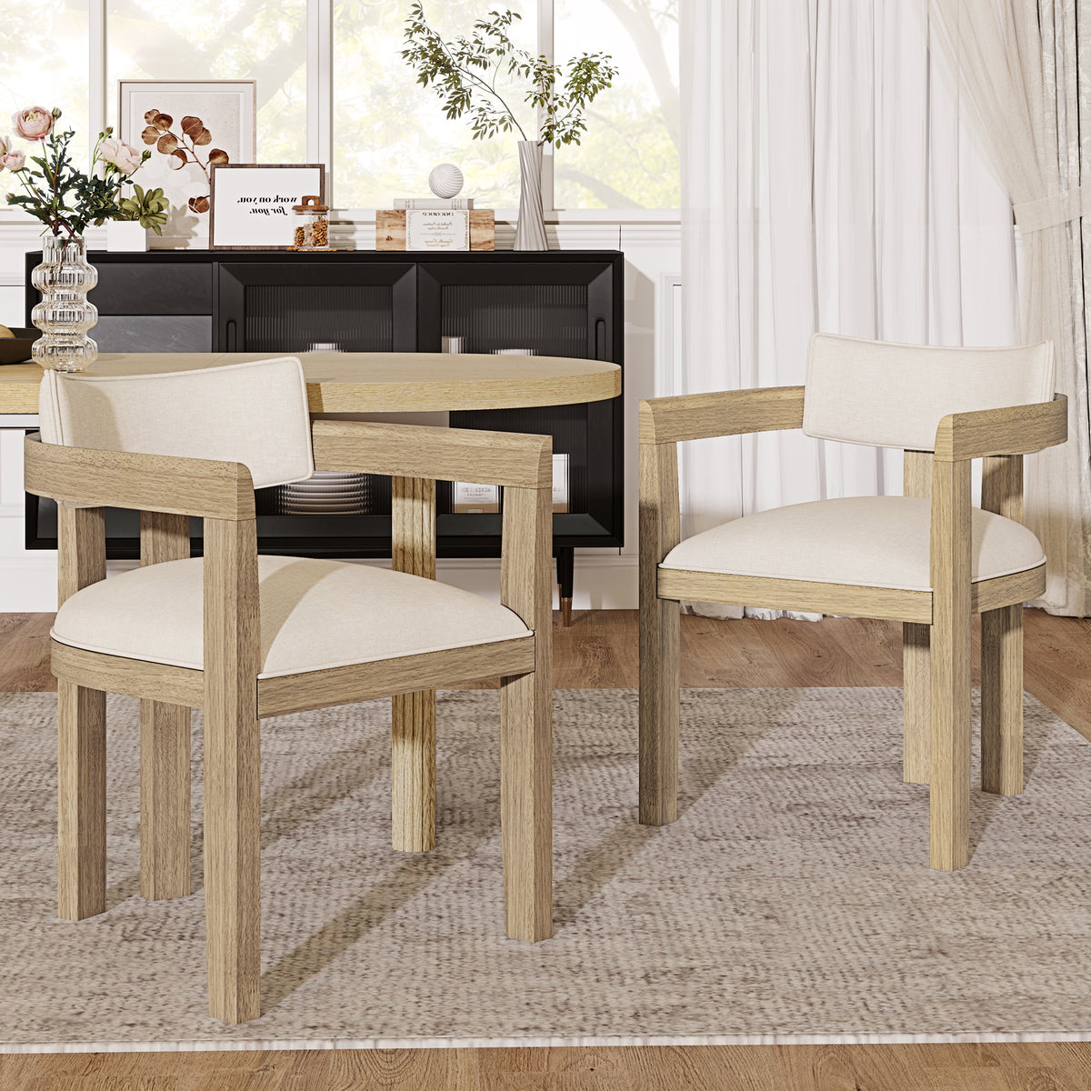 Dining room with wooden table and chairs on a patterned rug