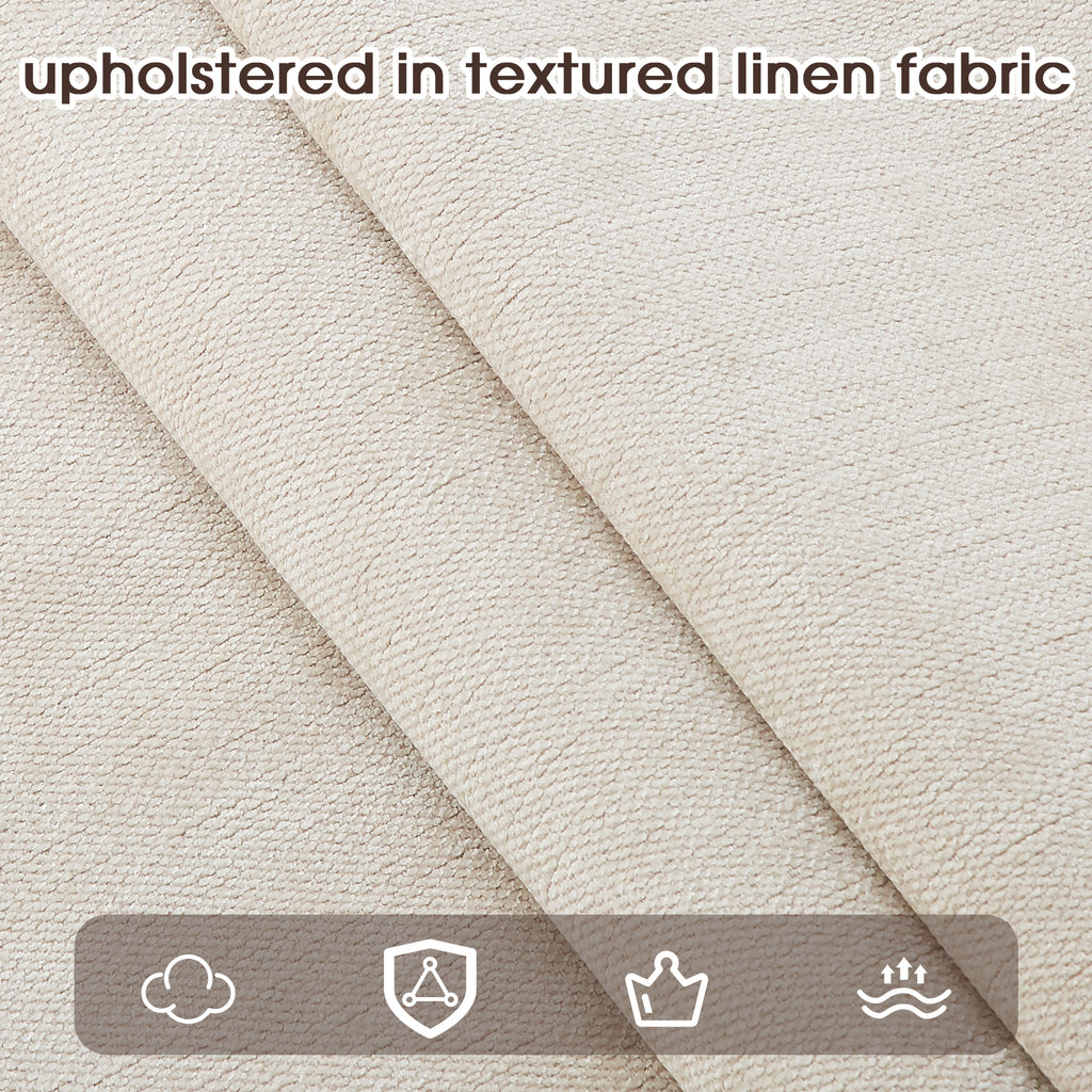 Textured linen fabric with product care icons at the bottom