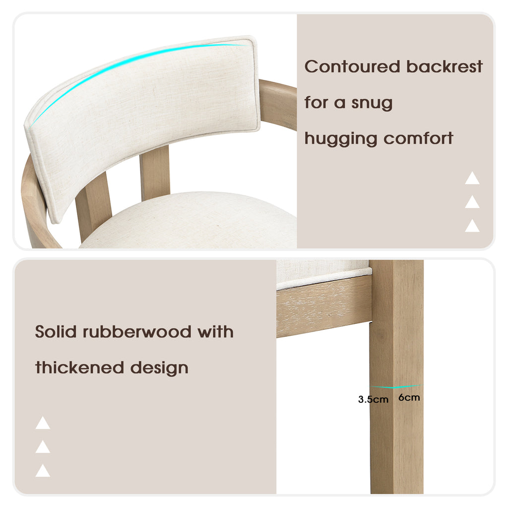 Chair with contoured backrest and solid rubberwood legs, showing measurements.