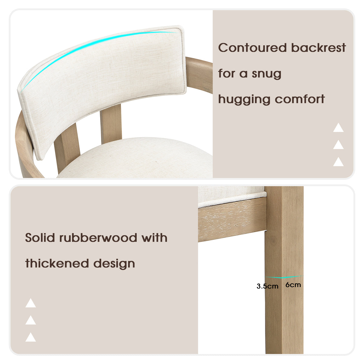 Chair with contoured backrest and solid rubberwood legs, showing measurements.