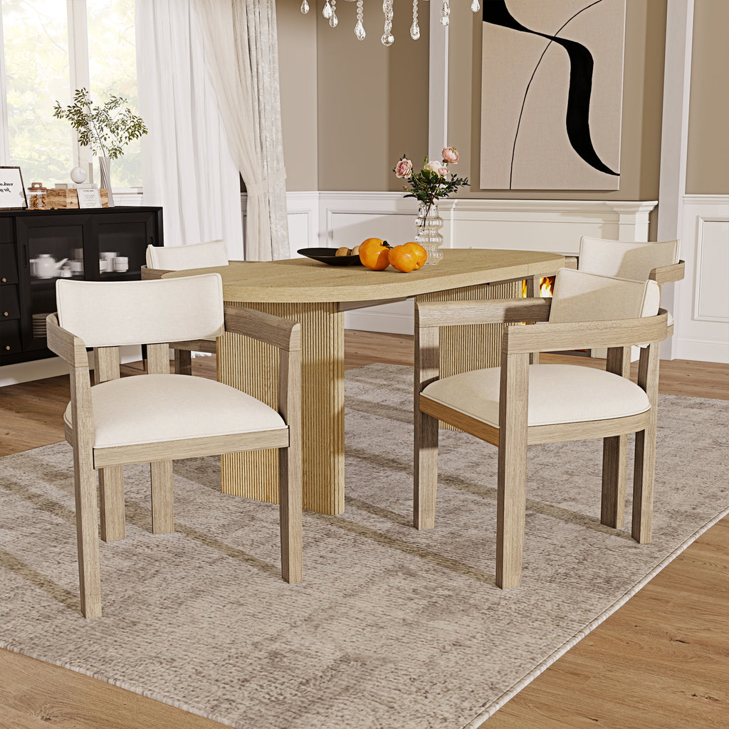 Dining room with wooden table and chairs on a patterned rug