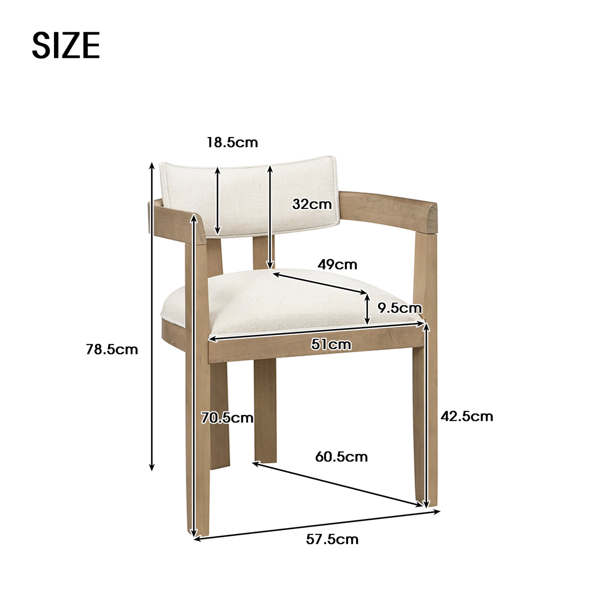 Measurement chart of a chair with dimensions labeled